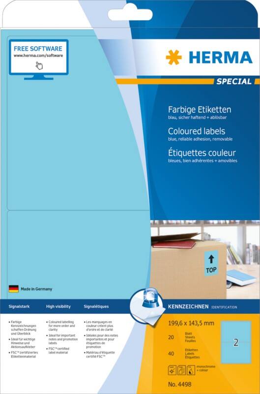HERMA Laser Etiketten 4498 Klevend Blauw 19,96 x 14,35 cm  20 Vellen à 2 Etiketten