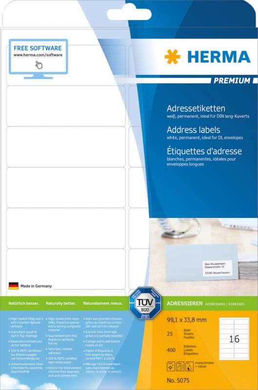Étiquettes universelles HERMA Laser 5075 Adhésif Blanc 9,91 x 3,38 cm 25 Feuilles de 16 Étiquettes