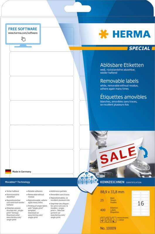 Étiquettes repositionnables HERMA 10009 Blanc Rectangulaires 88 x 33 mm 25 feuilles de 54 étiquettes