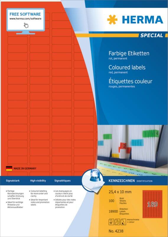 Étiquettes universelles HERMA 4238 Adhésif Rouge 2,5 x 1 cm 100 Feuilles de 189 Étiquettes