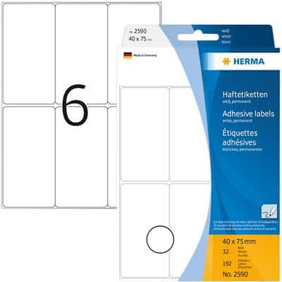 HERMA Multifunctionele Etiketten 2590 Wit Rechthoekig 40 x 75 mm 32 Vellen van 6 Etiketten