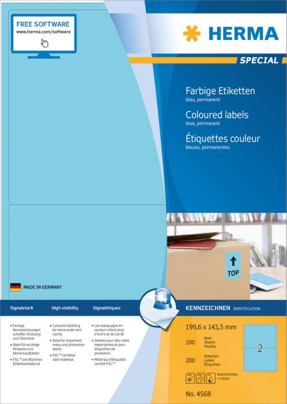 Étiquettes universelles HERMA Laser 4568 Adhésif Bleu 19,9 x 14,3 cm 100 Feuilles de 2 Étiquettes