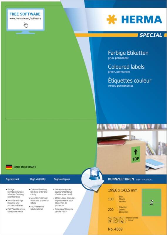 Étiquettes universelles HERMA Laser 4569 Adhésif Vert 19,9 x 14,3 cm 100 Feuilles de 2 Étiquettes
