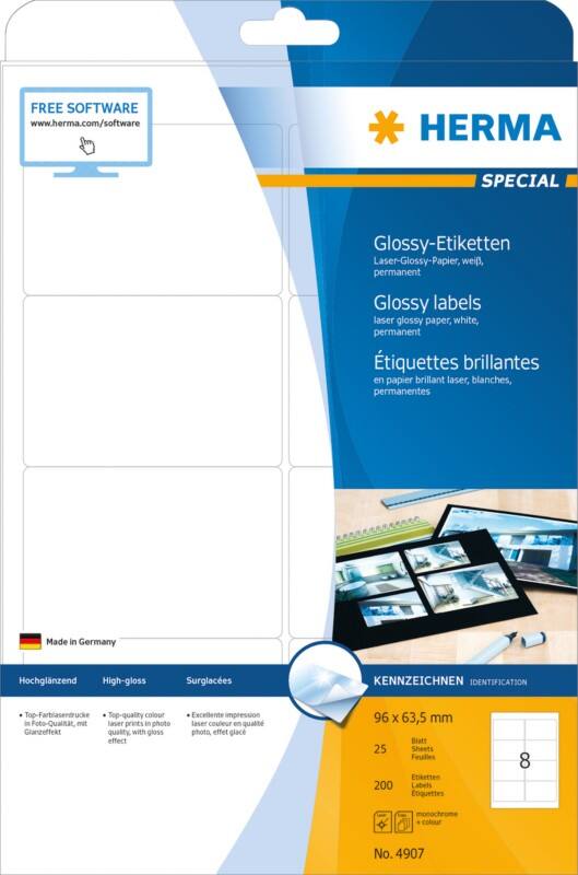 Étiquettes HERMA Laser 4907 Adhésif Blanc 9,6 x 6,35 cm 25 Feuilles de 8 Étiquettes