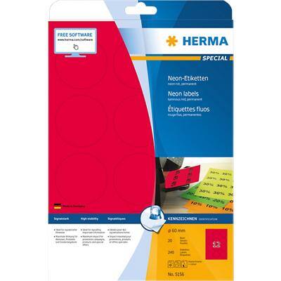 Étiquettes universelles HERMA 5156 Rouge Ø 60 mm Rondes 20 feuilles de 12 étiquettes 5156