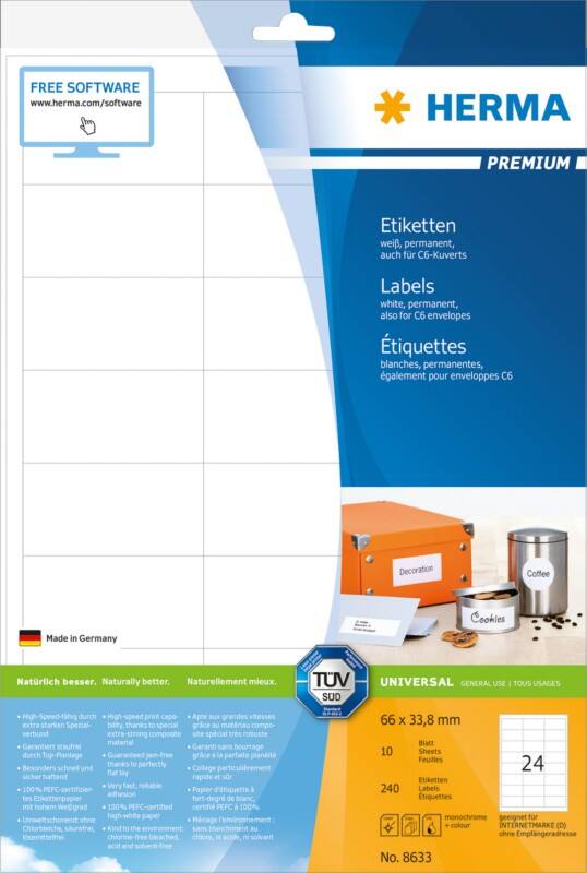 Étiquettes universelles HERMA Laser 8633 Adhésif Blanc 6,6 x 3,38 cm 10 Feuilles de 24 Étiquettes