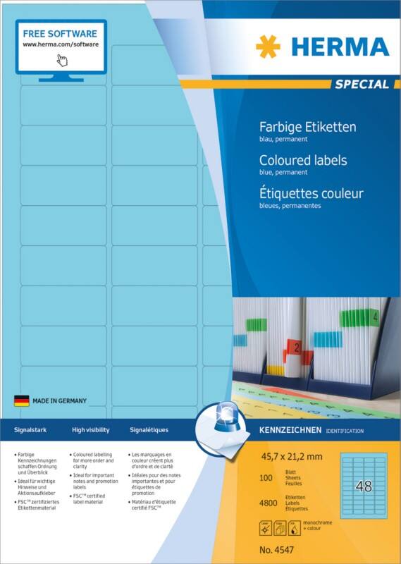 Étiquettes universelles HERMA Laser 4547 Adhésif Bleu 4,5 x 2,1 cm 100 Feuilles de 48 Étiquettes