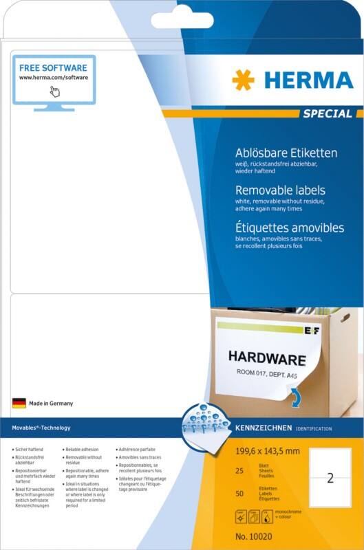 Étiquettes repositionnables HERMA 10020 Blanc Rectangulaires 199,6 x 143,5 mm 25 feuilles de 2 étiquettes 10020