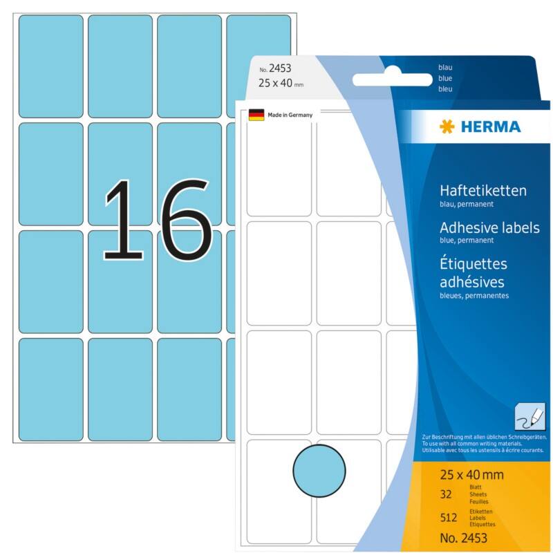 HERMA Etiketten 2453 Klevend Blauw 25 x 40 mm  32 Vellen à 16 Etiketten