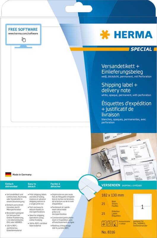 Étiquettes d'adresse HERMA Laser 8316 Adhésif Blanc 18,2 x 13 cm 25 Feuilles de 1 Étiquettes
