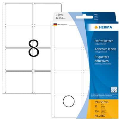 HERMA Multifunctionele Etiketten 2560 Wit Rechthoekig 39 x 50 mm 32 Vellen van 8 Etiketten