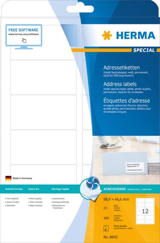 Étiquettes HERMA Jet d'encre 8842 Adhésif Blanc 8,89 x 4,66 cm 25 Feuilles de 12 Étiquettes