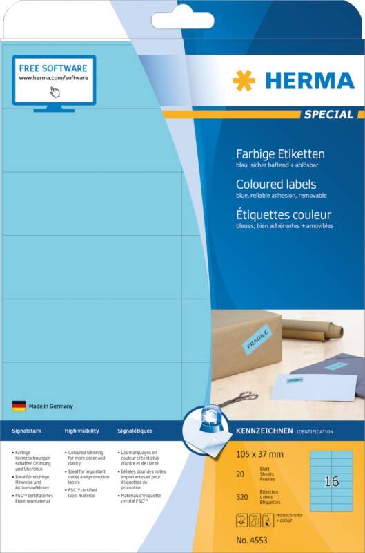 HERMA Laser Etiketten 4553 Klevend 10,5 x 3,7 cm  20 Vellen à 16 Etiketten