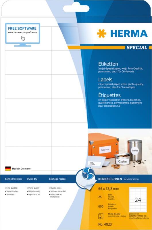 Étiquettes d'adresse HERMA Jet d'encre 4820 Adhésif Blanc 6,6 x 3,38 cm 25 Feuilles de 24 Étiquettes