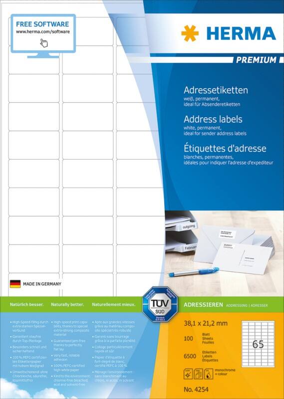 HERMA Laser Etiketten 4254 Klevend Wit 3,81 x 2,12 cm  100 Vellen à 65 Etiketten