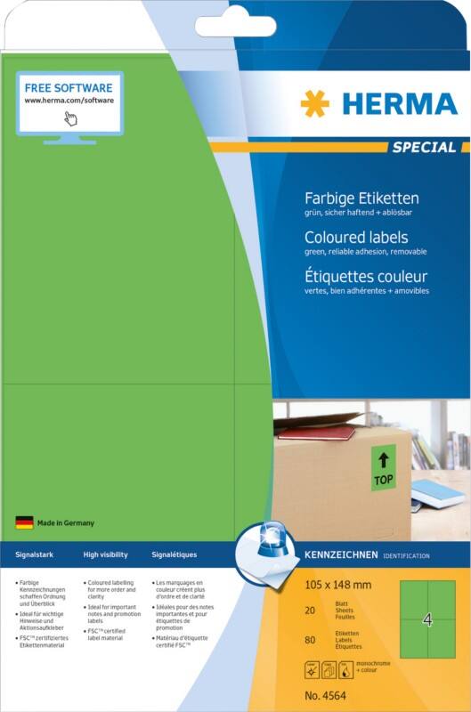 Étiquettes universelles HERMA Laser 4564 Adhésif Vert 10,5 x 14,8 cm 20 Feuilles de 4 Étiquettes