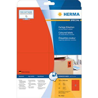 Étiquettes de couleur HERMA 4562 Rouge Rectangulaires 105 x 148 mm 20 Feuilles de 4 Étiquettes 4562