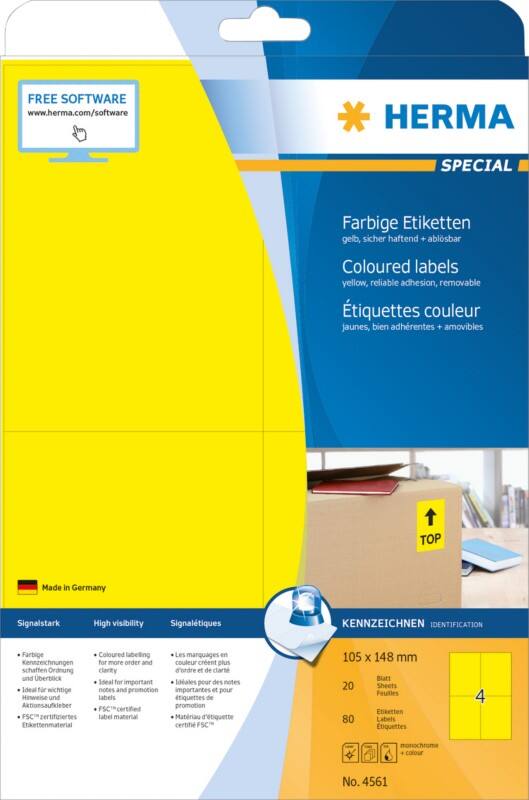 Étiquettes universelles HERMA Laser 4561 Adhésif Jaune 10,5 x 14,8 cm 20 Feuilles de 4 Étiquettes
