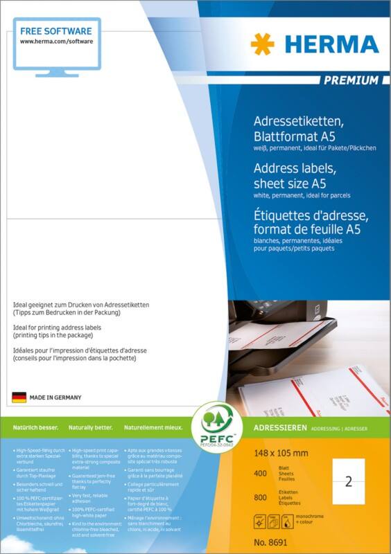 HERMA Laser Adresetiketten 8691 Zelfklevend A5 Wit 14,8 x 10,5 cm 400 Vellen à 2 Etiketten