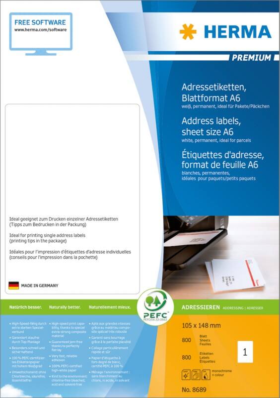 HERMA Laser Etiketten 8689 Klevend Wit 10,5 x 14,8 cm  800 Vellen à 1 Etiketten