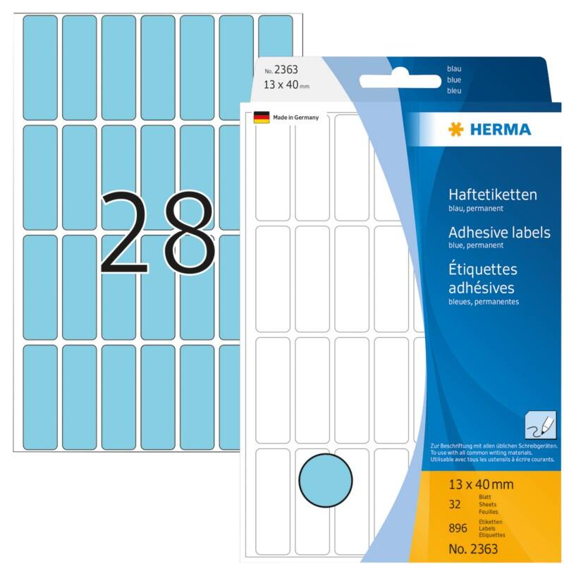 HERMA Etiketten 2363 Klevend Blauw 13 x 40 mm  32 Vellen à 28 Etiketten