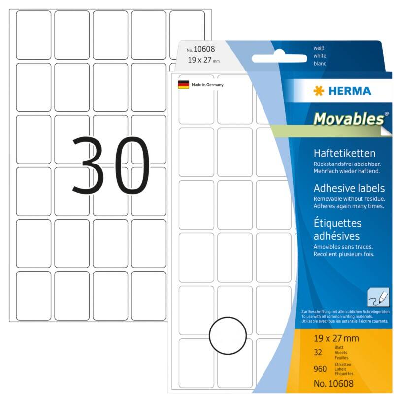 Étiquettes universelles HERMA 10608 Adhésif Blanc 19 x 27 mm 32 Feuilles de 30 Étiquettes