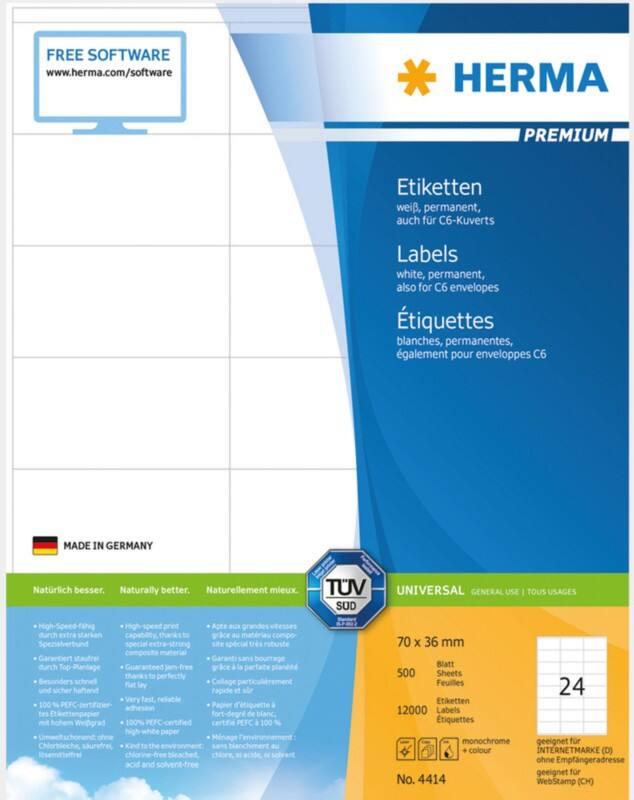 Étiquettes universelles HERMA Laser 4414 Adhésif Blanc 7 x 3,6 cm 500 Feuilles de 24 Étiquettes