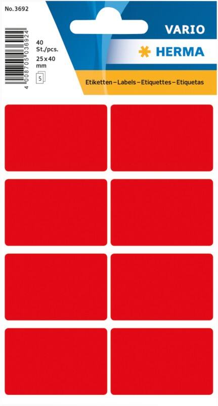 Étiquettes universelles HERMA 3692 Adhésif Rouge 2,5 x 4 cm 5 Feuilles de 8 Étiquettes