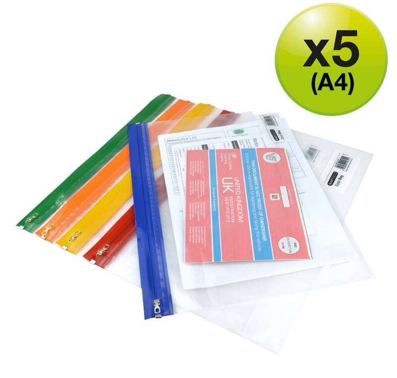 Rapesco Zippi Bags Gripzakken A4+ Ritssluiting PP (Polypropeen) 37 (B) x 1,3 (D) x 26 (H) cm Kleurenassortiment 5 Stuks