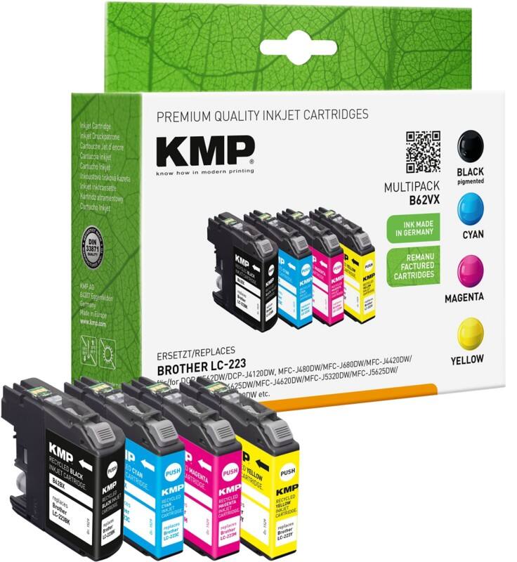 Cartouche jet d’encre KMP Compatible Brother LC223VALBP Noir, cyan, magenta, jaune