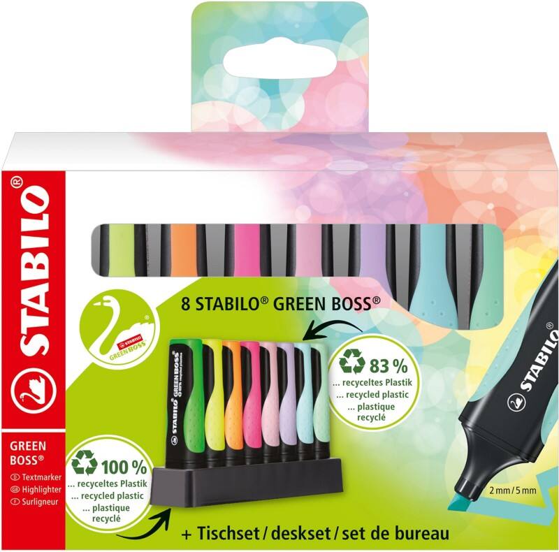 Surligneur STABILO Green Boss Assortiment 83% Recyclé Moyen Biseauté 2 - 5 mm Rechargeable 8 Unités