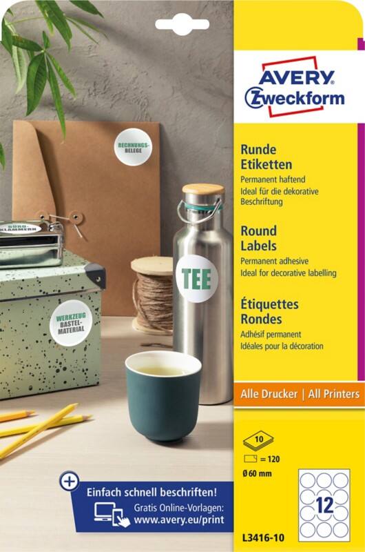 Avery L3416-10 Etiketten Ø 60 mm Wit 10 Vellen à 12 Etiketten