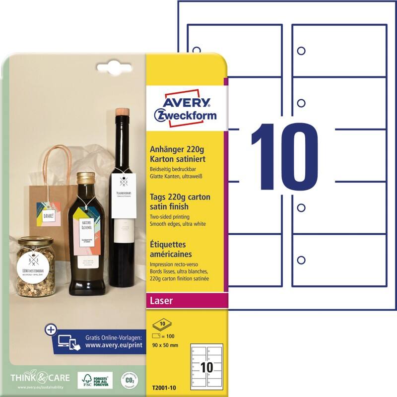 Avery Karton Hanglabels 13 x 210 x 297 mm Ultrawit T2001-10 10 Stuks