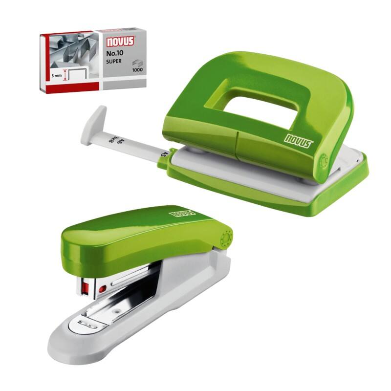 Novus OFFICE Nietmachine en perforator 020-1874 Halve strip 15 Vellen Groen Nr. 10 Kunststof, metaal 2 Stuks