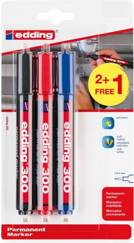 Marqueur permanent 300 edding Moyenne Ogive Assortiment  Rechargeable Résistant à l'eau 3 Unités