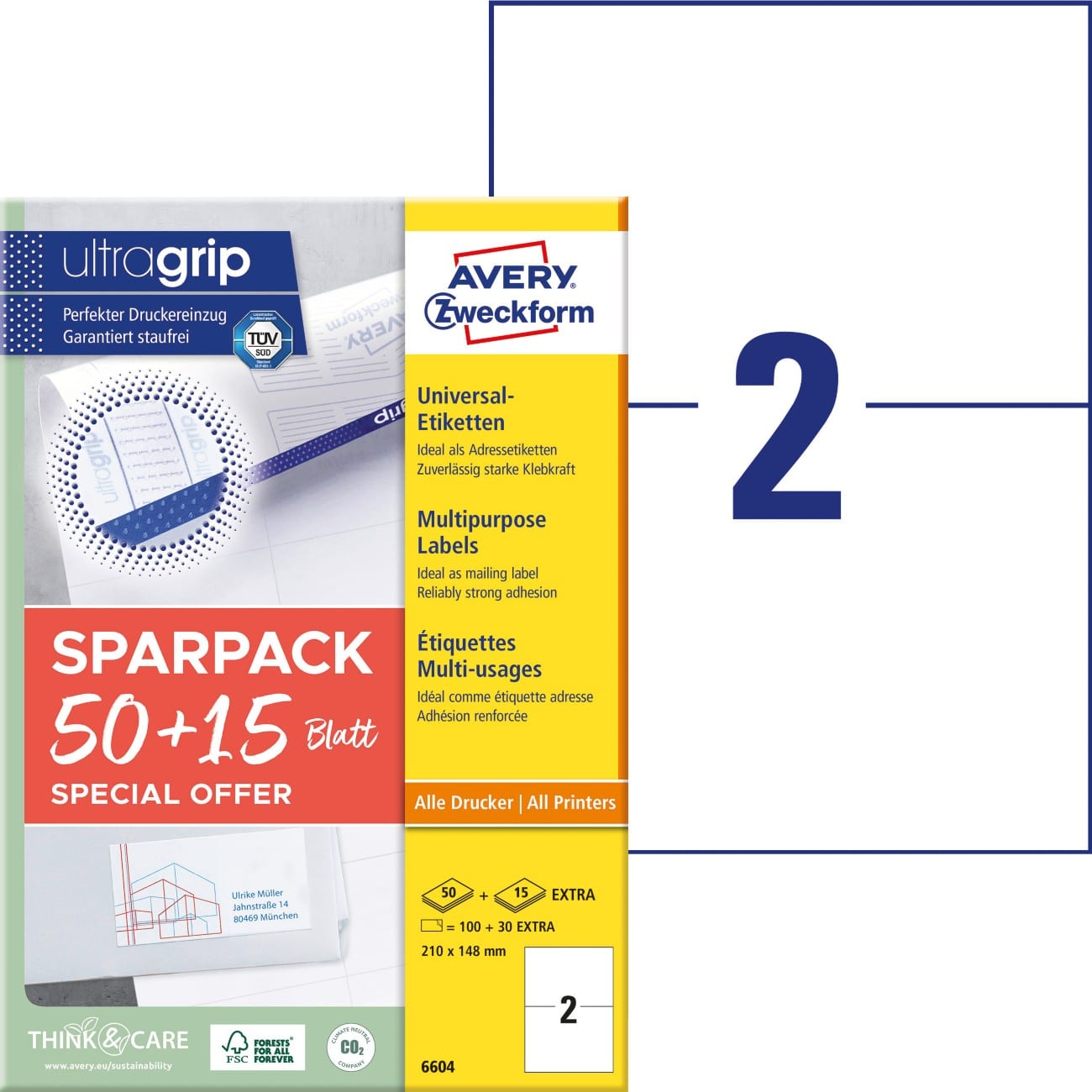 AVERY Zweckform Etiketten 6604 Klevend A4 Wit 21 x 14,8 cm 130 Vellen à 2 Etiketten