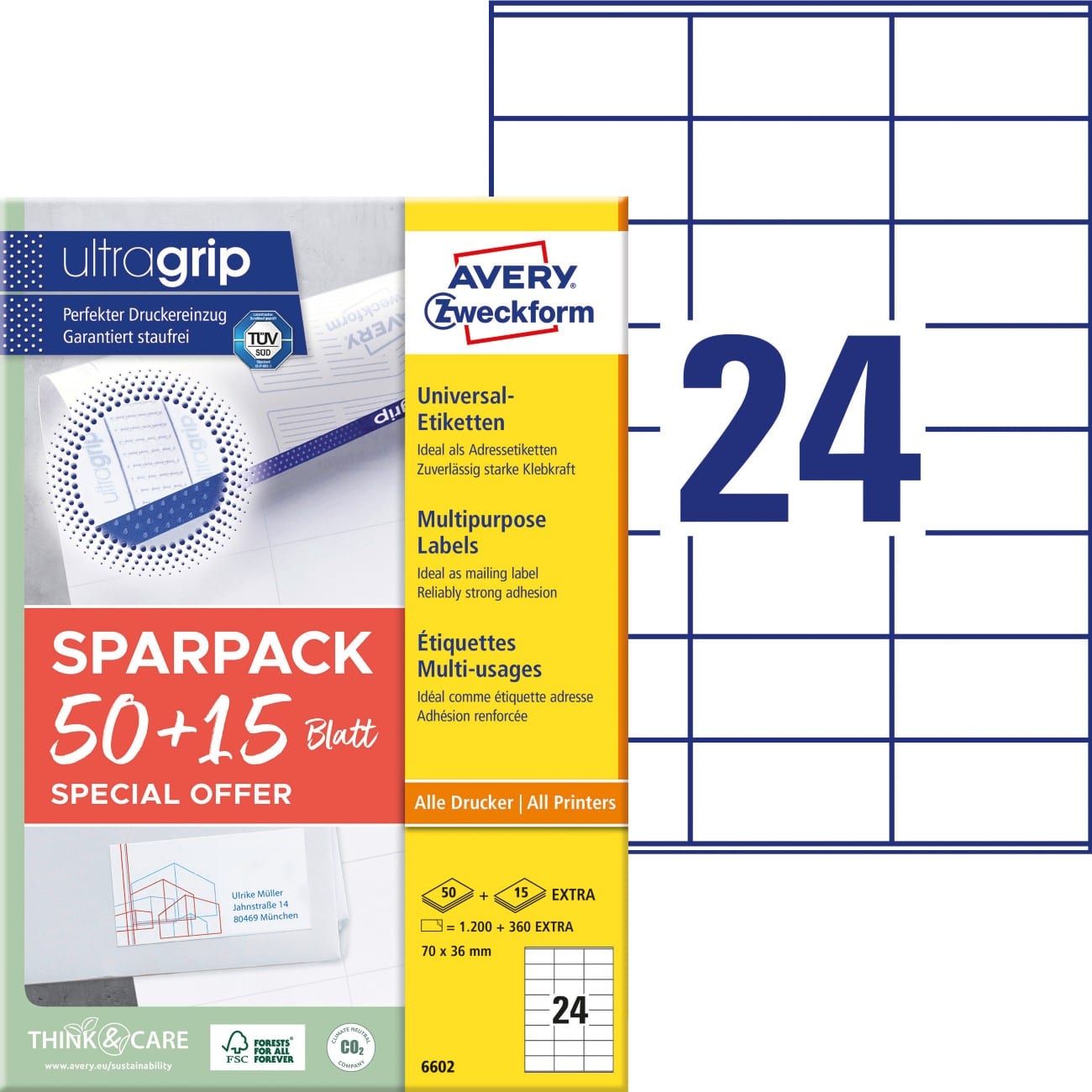 AVERY Zweckform Etiketten 6602 Klevend A4 Wit 7 x 3,6 cm 1560 Vellen à 24 Etiketten