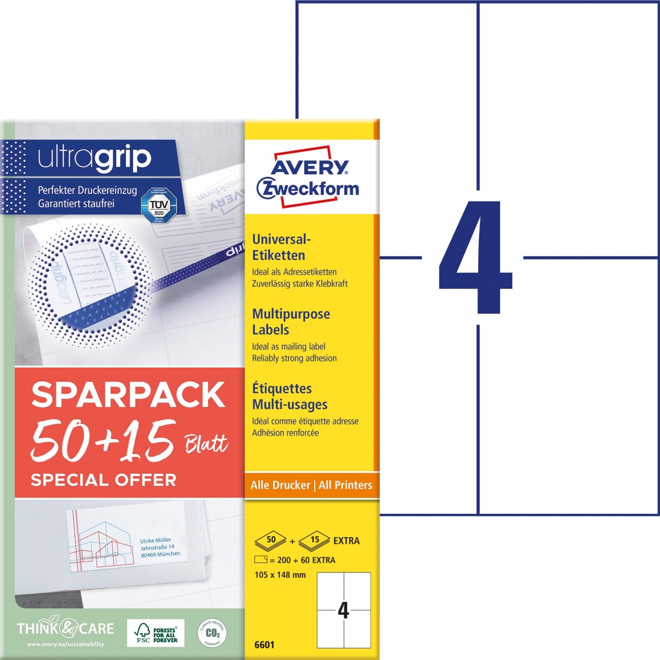 Étiquettes multi-usage AVERY Zweckform Laser 6601 Adhésif A4 Blanc 10,5 x 14,8 cm 260 feuilles de 4 unités