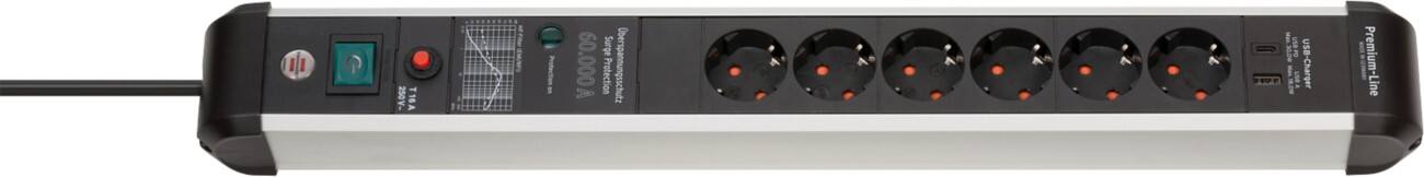 brennenstuhl Premium-Protect-Line Stekkerdoos met USB 1391010620 Overspanningsbeveiliging 6 stopcontacten 3 m Zilver, zwart