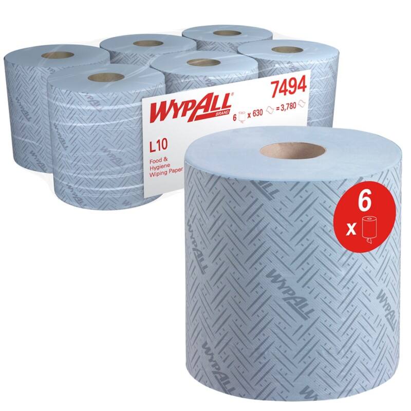 WYPALL L10 General Clean 100% Gerecycled Poetspapier Centerfeed Blauw 1-laags 7494 6 Rollen à 630 Vellen