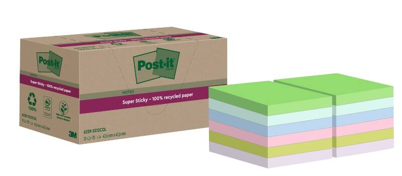 Post-it Super Sticky Notes Gerecyclede zelfklevende memoblaadjes 47,6 x 47,6 mm Kleurenassortiment 70 Vellen Pak van 12 blokken