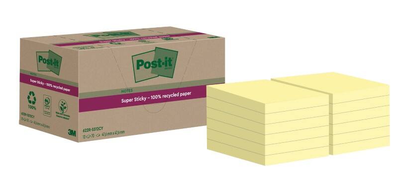 Notes Super Sticky recyclées Post-it 47,6 x 47,6 mm Jaune canari 70 notes 12 blocs