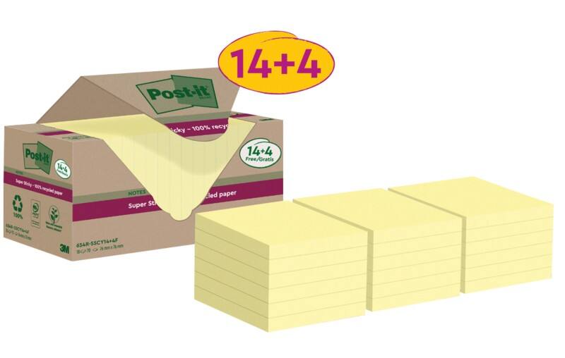 Post-it Super Sticky Notes Gerecyclede zelfklevende memoblaadjes 76 x 76 mm Kanariegeel 70 Vellen Voordeelverpakking 14 + 4 gratis