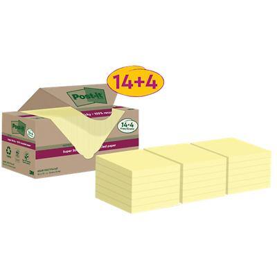 Post-it Super Sticky Notes Gerecyclede zelfklevende memoblaadjes 76 x 76 mm Kanariegeel 70 Vellen Voordeelverpakking 14 + 4 gratis