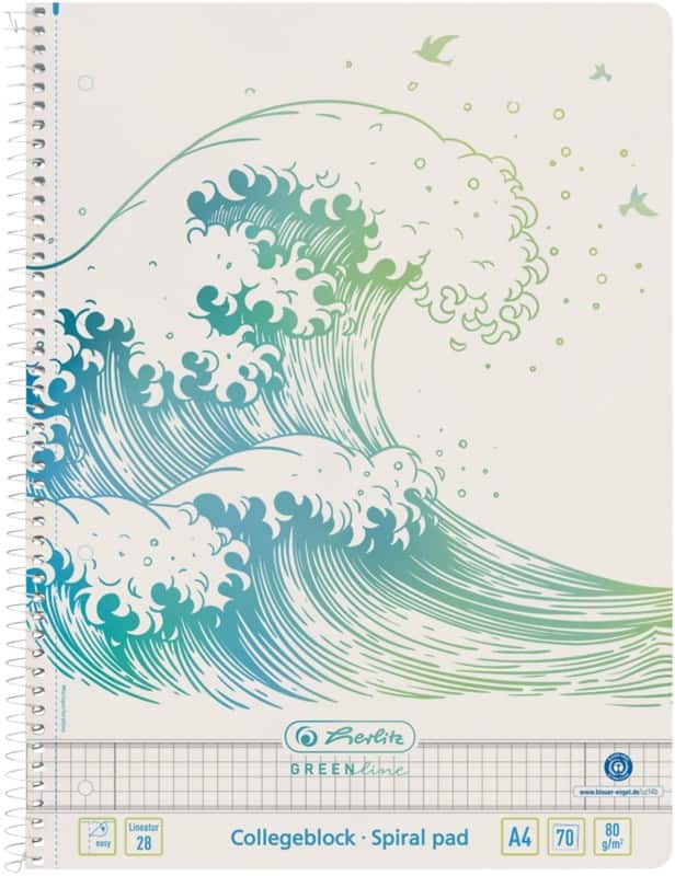 Cahier herlitz GREENline A4 Quadrillé Reliure spirale Reliure latérale Carton Dos cartonné Vert Perforé 140 Pages