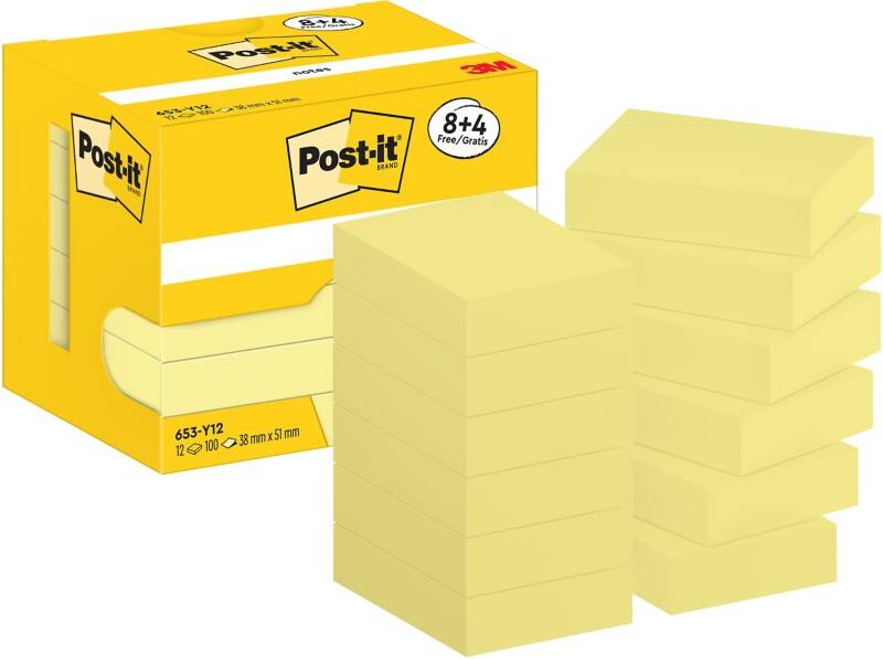 Post-it Zelfklevende memoblaadjes 653-Y12 38 x 51 mm 100 Vellen per blok Geel Pak van 12 (8+4 gratis)