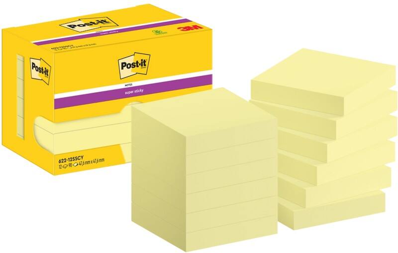 Post-it Super Sticky Notes 622-12SSCY 47,6 x 47,6 mm 90 Vellen per blok Geel Vierkant Effen Pak van 12
