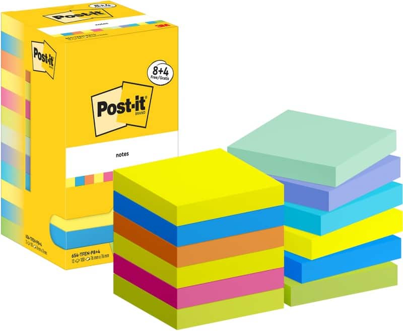 Post-it zelfklevende memoblaadjes vierkant 76 x 76 mm blanco assortiment 654-MX-P8/+4 12 stuks à 100 vellen (8+4 gratis)