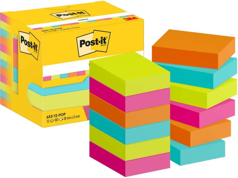 Post-it Zelfklevende memoblaadjes 653-12-POP 38 x 51 mm 100 Vellen per blok Blauw, groen, oranje, roze Pak van 12