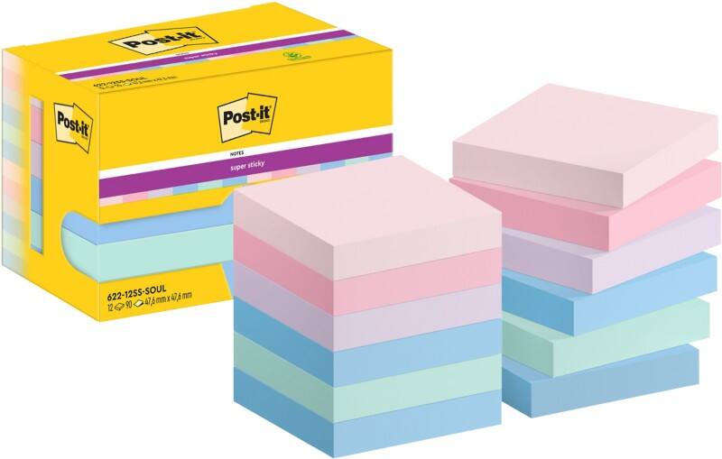 Post-it Super Sticky Notes 622-12SS-SOUL 47,6 x 47,6 mm 90 Vellen per blok Blauw, groen, paars , roze Vierkant Pak van 12